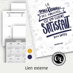 Agenda avec couverture personnalisée. Citation la meilleure des publicités est un client satisfait de Bill Gates.