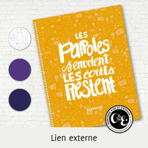 Cahier de notes contient le proverbe antique Verba volant, scripta manent traduit en français : les paroles s'envolent, les écrits restent.